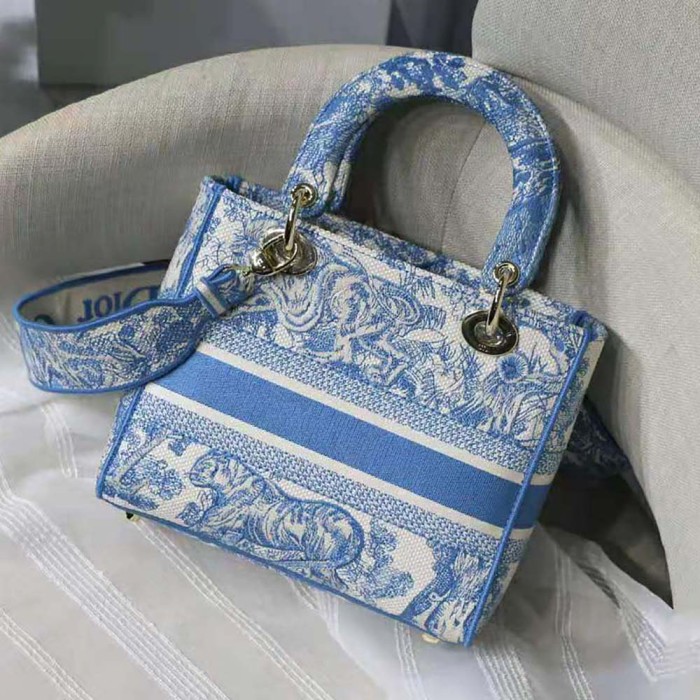 Dior Women Small Dior Book Tote Cornflower Blue Dior Oblique Embroidery
