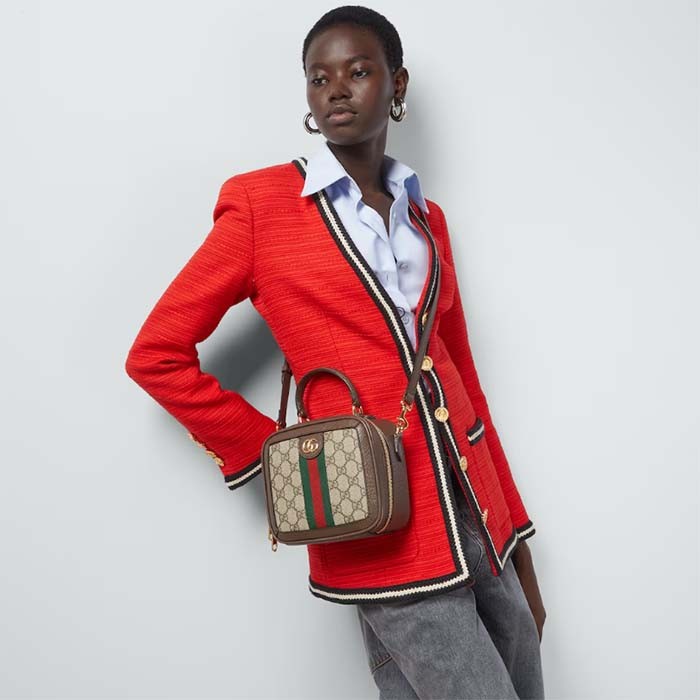 Gucci GG Unisex Ophidia GG Mini Top Handle Bag Beige Ebony GG Supreme Canvas