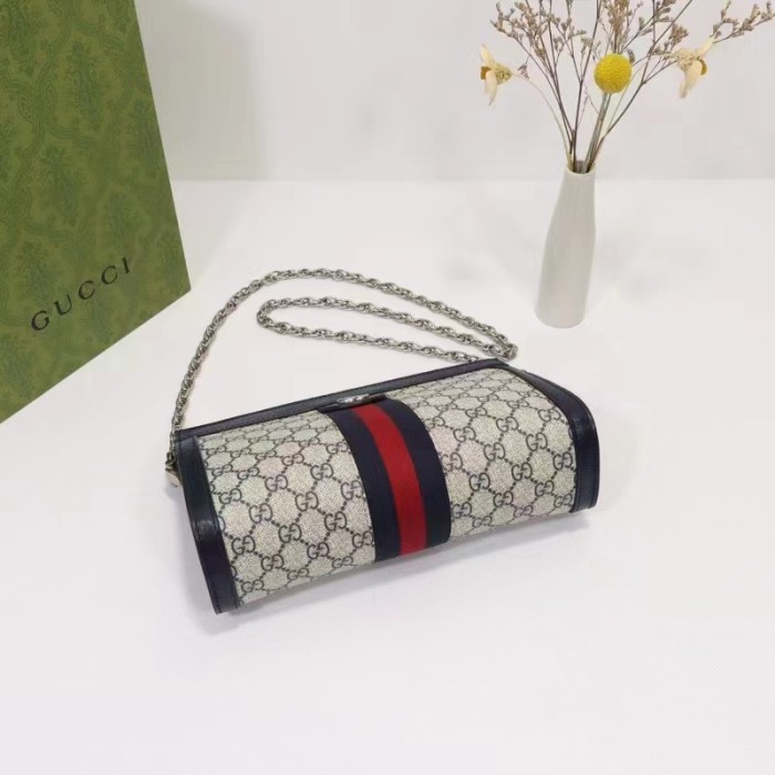 Gucci Women Ophidia GG Small Shoulder Bag Beige Blue GG Supreme Canvas