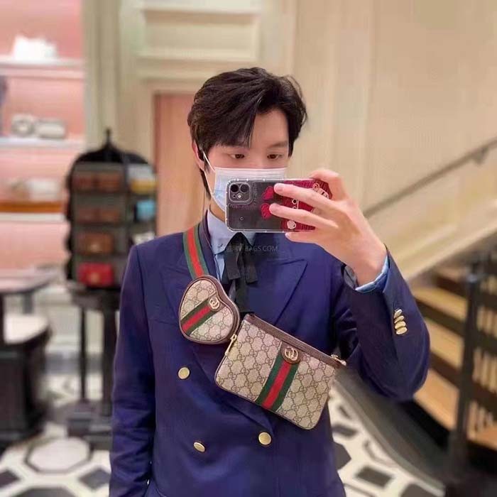 Gucci Unisex Ophidia GG Heart Utility Belt Coin Purse Pouch Beige Ebony Supreme Canvas