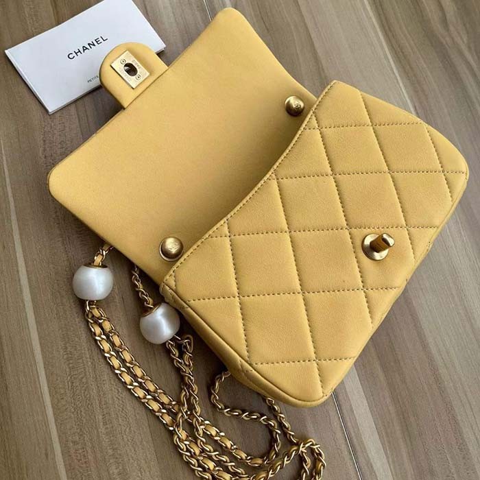 Chanel Women CC Small Flap Bag Pearly Lambskin Imitation Pearls Yellow