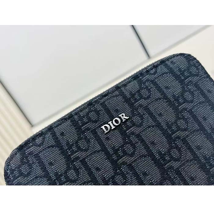 Dior Unisex CD Pouch Strap Black Dior Oblique Jacquard Double Zipped Pocket