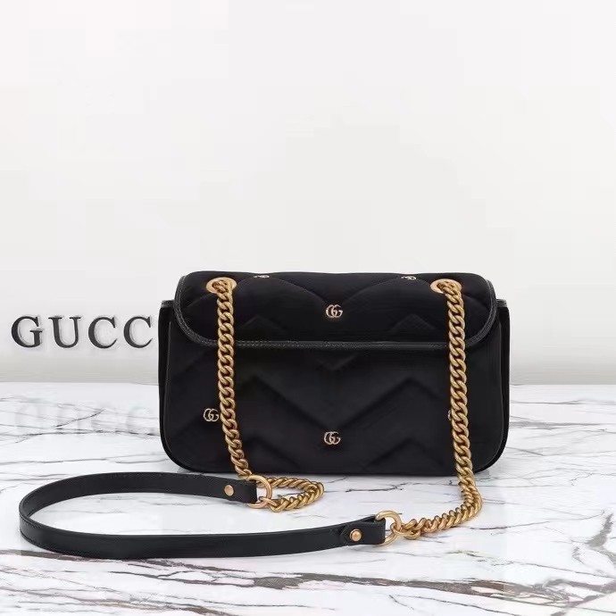 Gucci Women GG Marmont Small Shoulder Bag Black Quilted Chevron Velvet Leather Double G