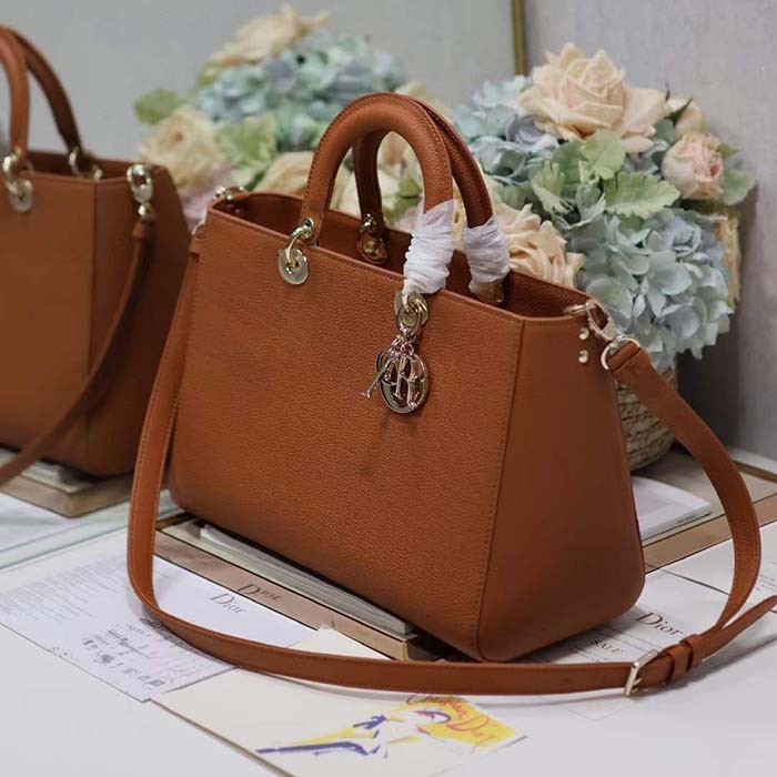 Dior Women CD Large Lady D-Sire Bag Dark Brandy Bull Leather