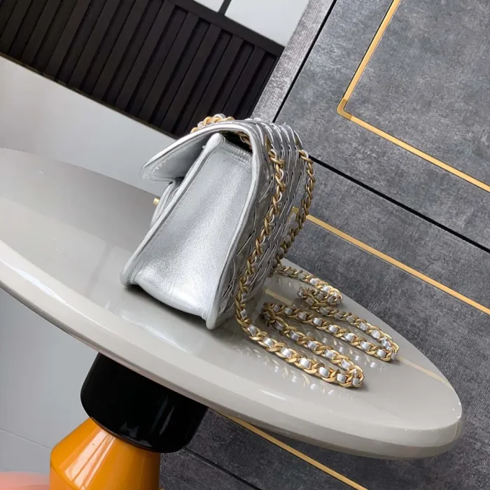 Chanel Women Mini Flap Bag Metallized Braided Calfskin Gold Tone Metal