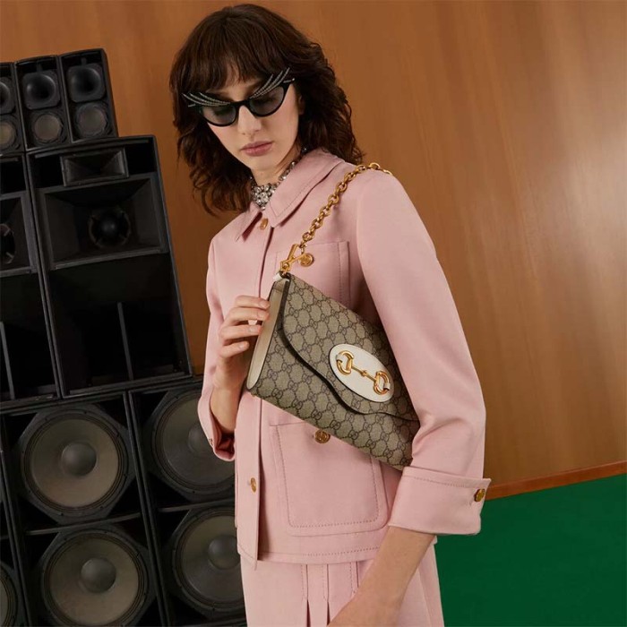 Gucci Women Horsebit 1955 Small Bag Beige Ebony GG Supreme Canvas White Leather