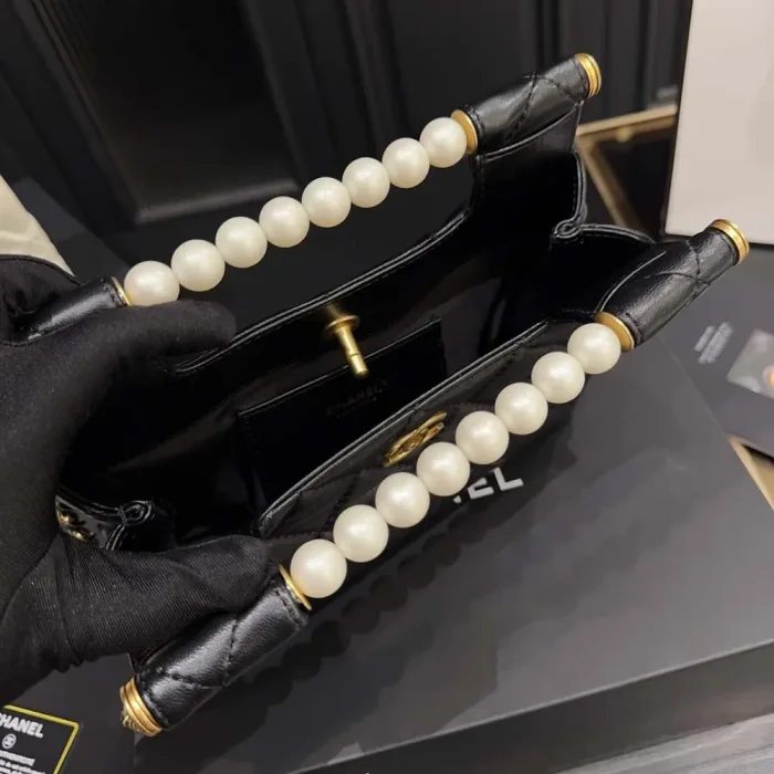 Chanel Women Small Shopping Bag Shiny Lambskin Imitation Pearls Gold Tone Metal