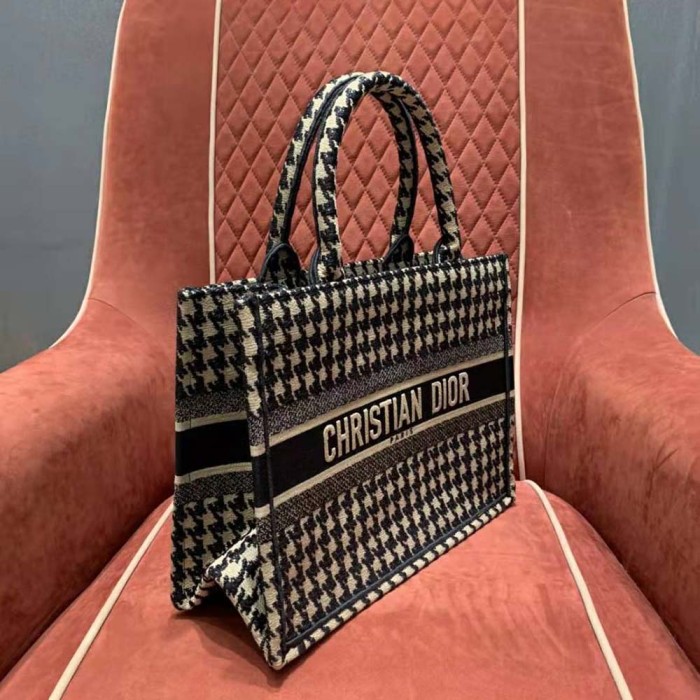 Dior Women Small Dior Book Tote Black Houndstooth Embroidery