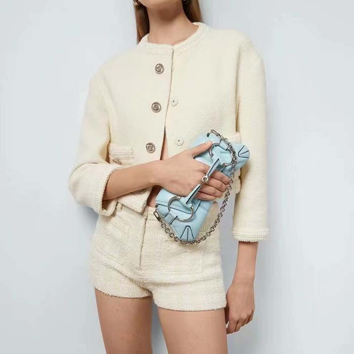 Gucci Women GG Horsebit Chain Small Shoulder Bag Light Blue Quilted Leather Maxi Horsebit Style ‎764339 AACU1 4811