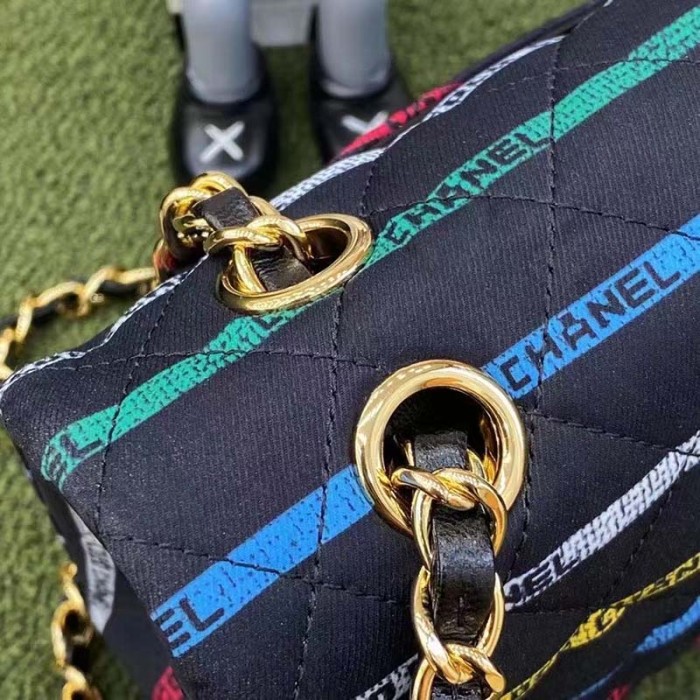 Chanel Women CC Classic Handbag Cotton Gold-Tone Metal Black Multicolor