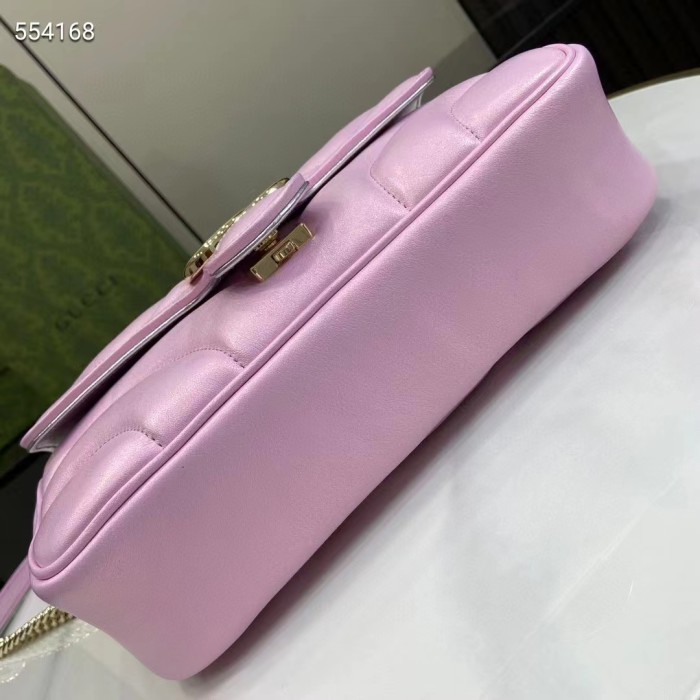 Gucci Women GG Marmont Small Shoulder Bag Pink Iridescent Quilted Chevron Leather