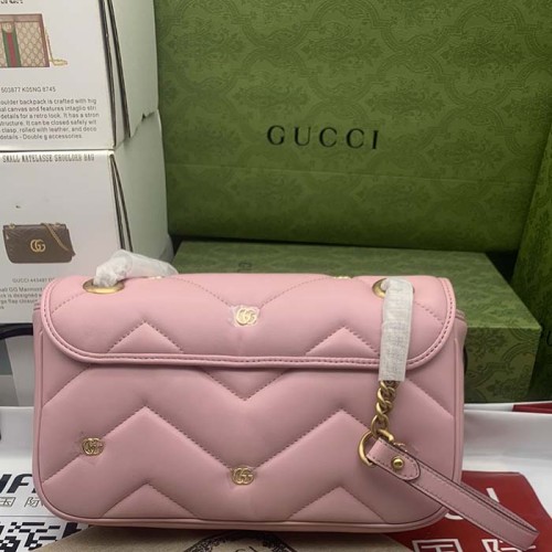 Gucci Women GG Marmont Small Shoulder Bag Pink Double G Matelassé Chevron Leather