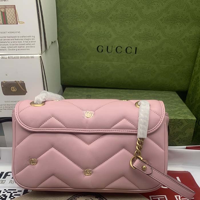 Gucci Women GG Marmont Small Shoulder Bag Pink Double G Matelassé Chevron Leather