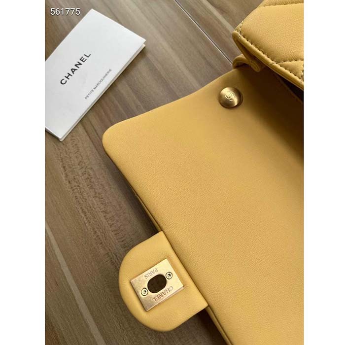Chanel Women CC Small Flap Bag Pearly Lambskin Imitation Pearls Yellow
