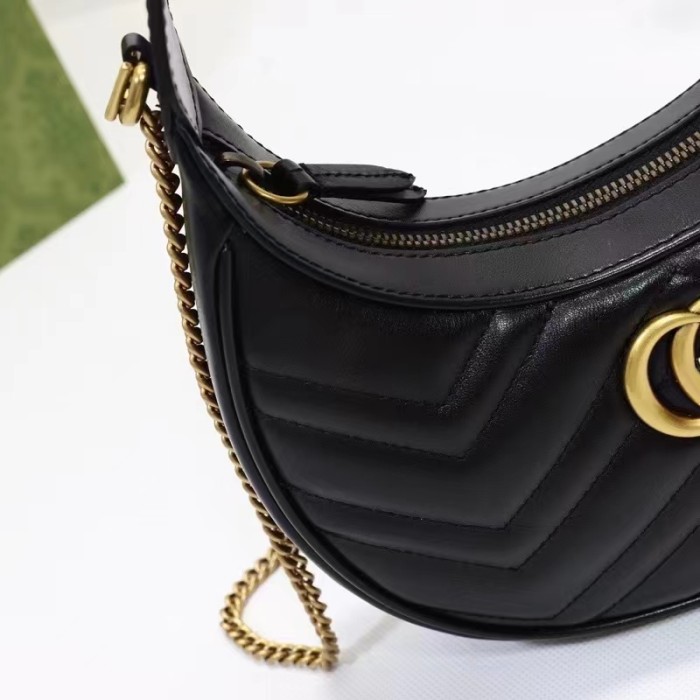 Gucci Women GG Marmont Half-Moon-Shaped Mini Bag Black Matelassé Chevron