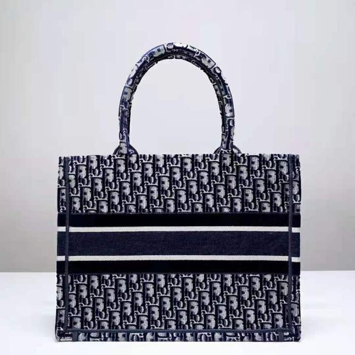 Dior Women Small Dior Book Tote Blue Dior Oblique Embroidered Velvet