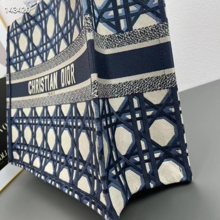 Dior Unisex CD Large Dior Book Tote Beige Blue Macrocannage Embroidery