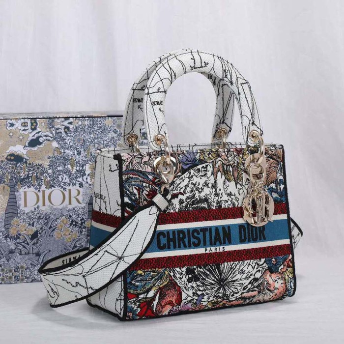Dior Women Medium Lady D-lite Bag Latte Multicolor Dior Constellation Embroidery-White