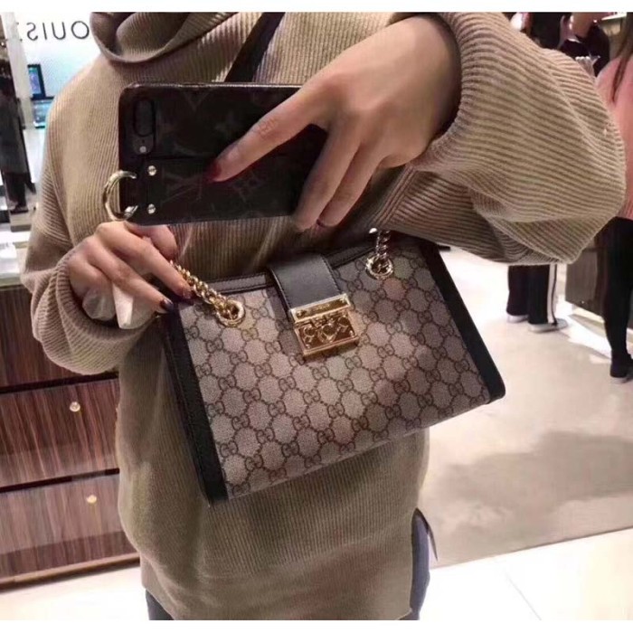 Gucci Women Padlock GG Small Shoulder Bag Black Beige Ebony Supreme Canvas