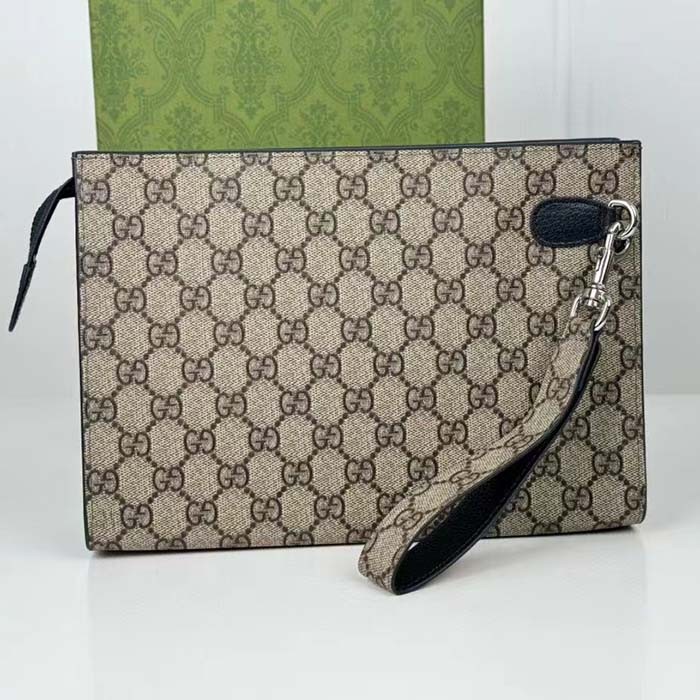 Gucci Unisex Pouch GG Detail Beige Ebony GG Supreme Canvas Blue Leather Style ‎768255 FACQC 9751