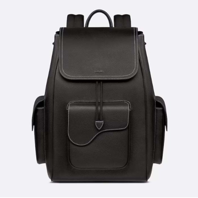 Dior Unisex CD Saddle Backpack Black Grained Calfskin Leather Flap Drawstring Closure