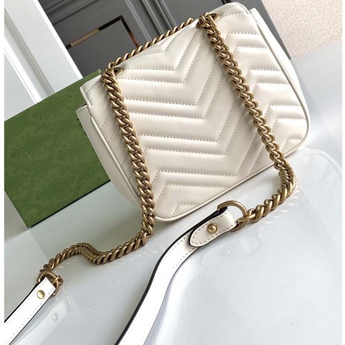 Gucci Women GG Marmont Mini Shoulder Bag White Matelassé Chevron Leather Double G