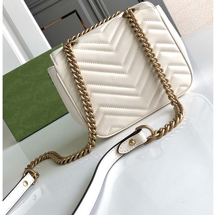 Gucci Women GG Marmont Mini Shoulder Bag White Matelassé Chevron Leather Double G
