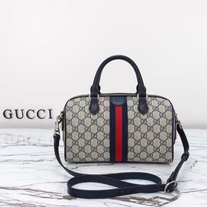 Gucci GG Unisex Ophidia GG Small Top Handle Bag Beige Blue GG Supreme Canvas Leather