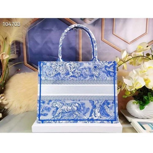 Dior Unisex CD Medium Book Tote Fluorescent Blue Toile De Jouy Reverse Embroidery