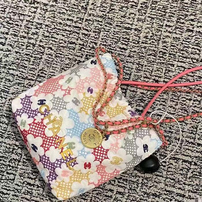 Chanel Women CC 22 Small Handbag Lace Patchwork Gold-Tone Metal Multicolor