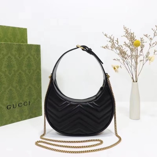 Gucci Women GG Marmont Half-Moon-Shaped Mini Bag Black Matelassé Chevron