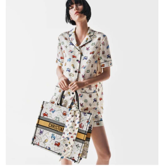 Dior Unisex CD Large Book Tote Latte Multicolor Dior Pixel Zodiac Embroidery