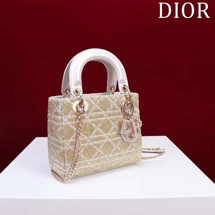Dior Women CD Mini Lady Dior Bag Caramel Beige Cannage Cotton Embroidered Micropearls
