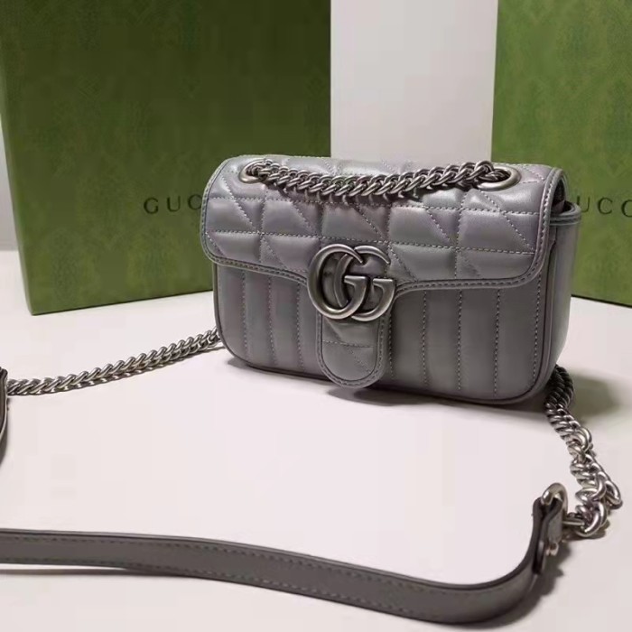 Gucci Women GG Marmont Small Shoulder Bag Grey Matelassé Leather Double G
