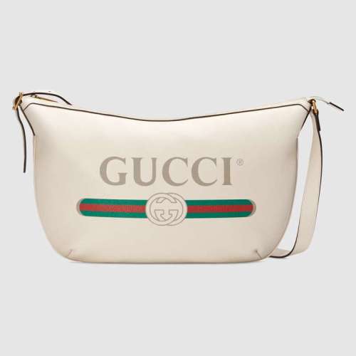 Gucci GG Unisex Gucci Print Half-Moon Hobo Bag in Leather with Gucci Vintage Logo