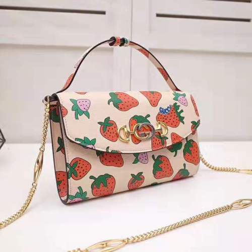 Gucci GG Women Gucci Zumi Strawberry Print Mini Bag in Gucci Strawberry Print Ivory Leather