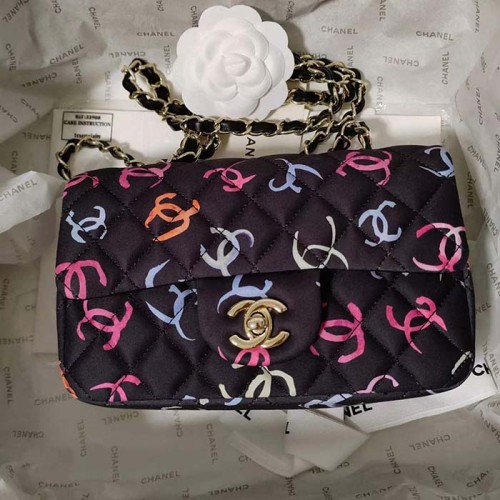Chanel CC Women Classic 11.12 Handbag Printed Fabric Black Multicolor