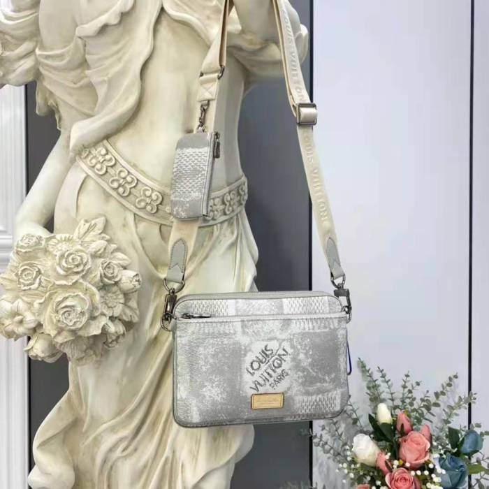 Louis Vuitton LV Unisex Trio Messenger Stone Gray Damier Salt Canvas Cowhide Leather