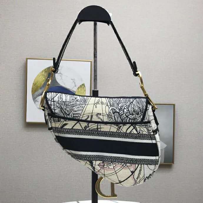 Dior Women Saddle Bag Blue Multicolor Dior Around the World Embroidery