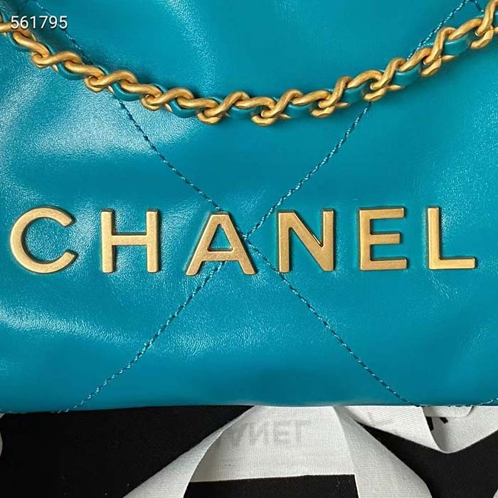 Chanel Women CC 22 Mini Handbag Shiny Calfskin Gold-Tone Metal Blue