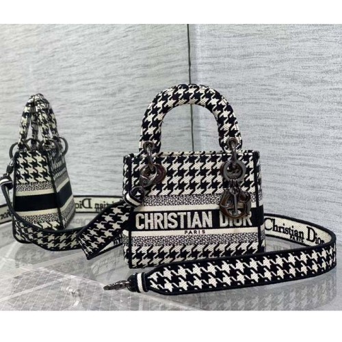 Dior Women CD Mini Lady D-Lite Bag Black White Houndstooth Embroidery