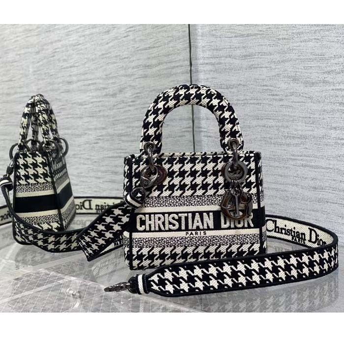 Dior Women CD Mini Lady D-Lite Bag Black White Houndstooth Embroidery