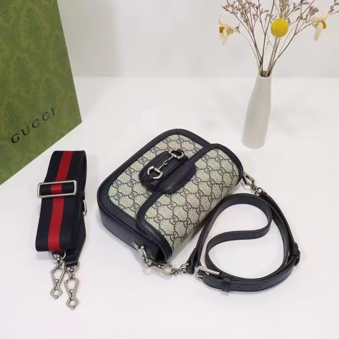Gucci Unisex Gucci Horsebit 1955 GG Mini Bag Beige Blue GG Supreme Canvas