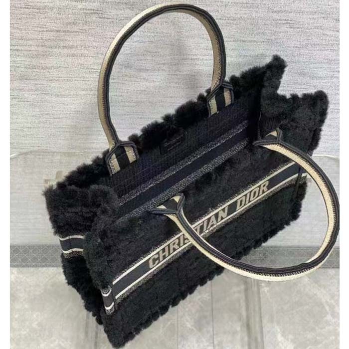 Dior Women CD Medium Dior Book Tote Black Cannage Shearling