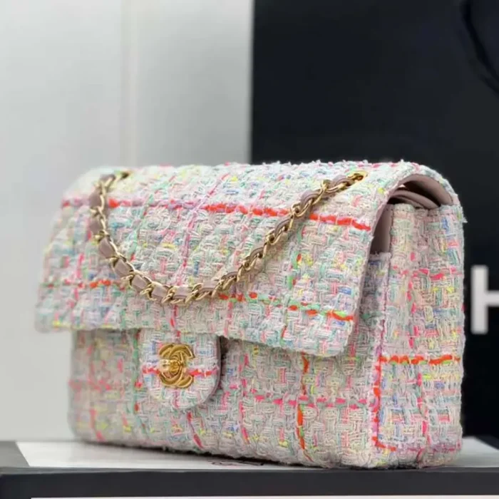 Chanel Women CC Mini Classic Handbag Tweed Gold Tone Metal-White