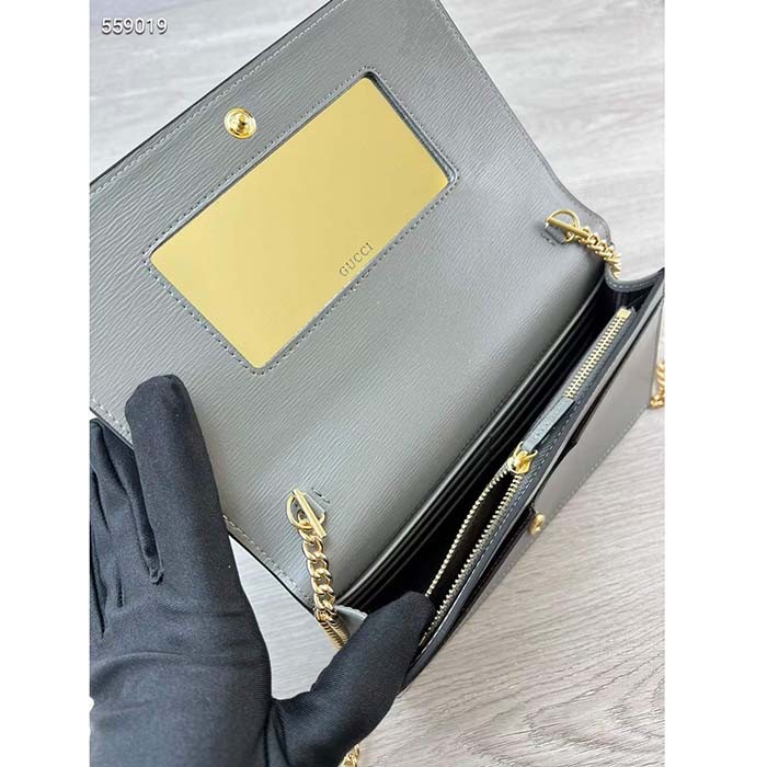 Gucci Women GG Chain Wallet Gucci Script Pale Green Leather Taffeta