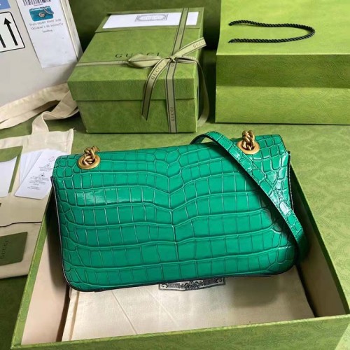 Gucci Women GG Marmont Crocodile Small Shoulder Bag Green Double G