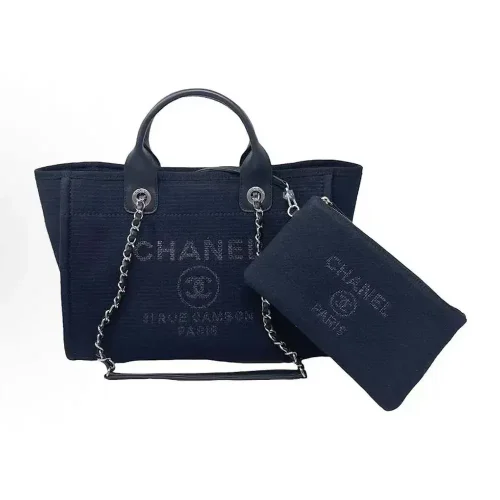 Chanel Women Deanville Shopping Bag Mummy Bag in Canvas and Leather-Navy