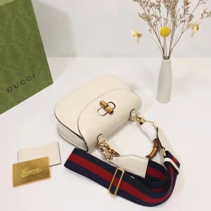 Gucci Women GG Small Top Handle Bag Bamboo White Leather