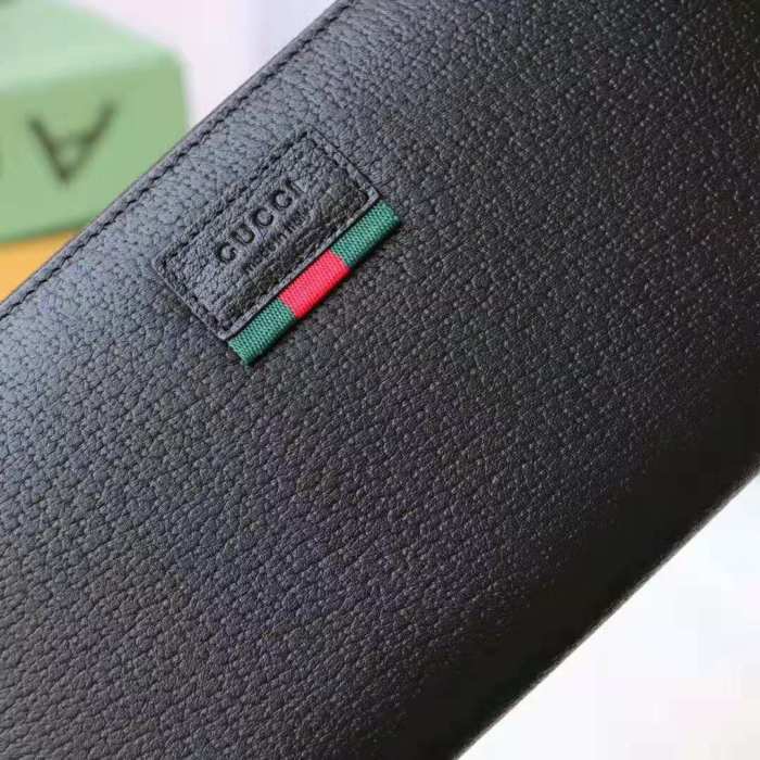 Gucci GG Unisex Leather Zip Around Wallet with Web in Black Leather
